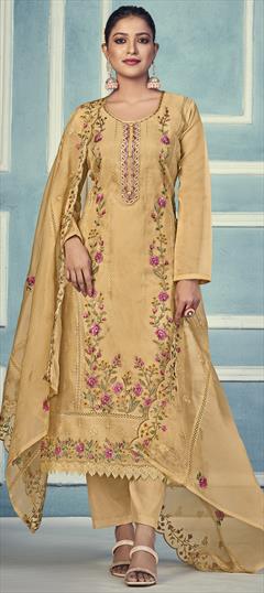 Festive, Party Wear Yellow color Salwar Kameez in Organza Silk fabric with Straight Cut Dana, Floral, Resham, Sequence, Thread work : 1901408