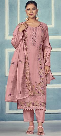 Festive, Party Wear Pink and Majenta color Salwar Kameez in Organza Silk fabric with Straight Cut Dana, Floral, Resham, Sequence, Thread work : 1901409