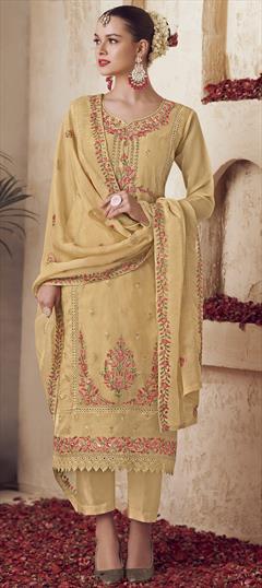 Festive, Party Wear Yellow color Salwar Kameez in Organza Silk fabric with Straight Cut Dana, Floral, Resham, Sequence, Thread work : 1901411