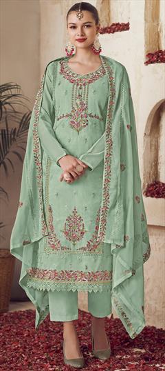 Festive, Party Wear Green color Salwar Kameez in Organza Silk fabric with Straight Cut Dana, Floral, Resham, Sequence, Thread work : 1901413