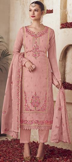 Festive, Party Wear Pink and Majenta color Salwar Kameez in Organza Silk fabric with Straight Cut Dana, Floral, Resham, Sequence, Thread work : 1901418
