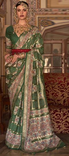 Festive, Traditional Beige and Brown, Green color Saree in Art Silk, Silk fabric with South Bandhej, Printed, Weaving work : 1901462