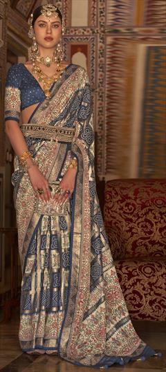 Festive, Traditional Beige and Brown, Blue color Saree in Art Silk, Silk fabric with South Bandhej, Printed, Weaving work : 1901464