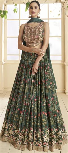 Bridal, Reception, Wedding Green color Ready to Wear Lehenga in Georgette fabric with Flared Floral, Printed, Sequence, Thread work : 1901476