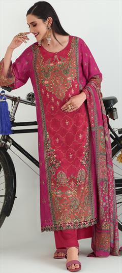 Festive, Reception Pink and Majenta color Salwar Kameez in Pashmina fabric with Pakistani, Palazzo, Straight Digital Print, Floral, Resham, Thread work : 1901489