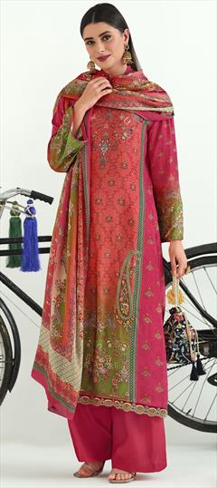 Festive, Reception Pink and Majenta color Salwar Kameez in Pashmina fabric with Pakistani, Palazzo, Straight Digital Print, Floral, Resham, Thread work : 1901496