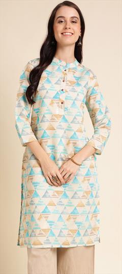 Summer Beige and Brown, Blue color Kurti in Chanderi Silk fabric with Long Sleeve, Straight Printed work : 1901505