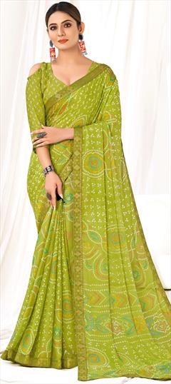 Festive, Reception Green color Saree in Chiffon fabric with Classic, Rajasthani Bandhej, Border, Printed work : 1901546