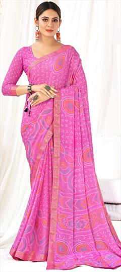 Festive, Reception Pink and Majenta color Saree in Chiffon fabric with Classic, Rajasthani Bandhej, Border, Printed work : 1901550