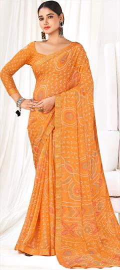 Festive, Reception Orange color Saree in Chiffon fabric with Classic, Rajasthani Bandhej, Border, Printed work : 1901552