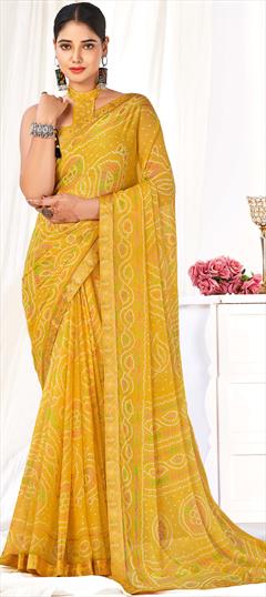 Festive, Reception Yellow color Saree in Chiffon fabric with Classic, Rajasthani Bandhej, Border, Printed work : 1901553