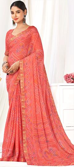 Festive, Reception Orange color Saree in Chiffon fabric with Classic, Rajasthani Bandhej, Border, Printed work : 1901555