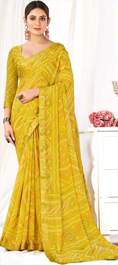 Festive, Reception Yellow color Saree in Chiffon fabric with Classic, Rajasthani Bandhej, Border, Printed work : 1901558