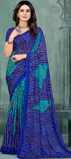 Festive, Reception Blue color Saree in Chiffon fabric with Classic, Rajasthani Bandhej, Printed work : 1901592