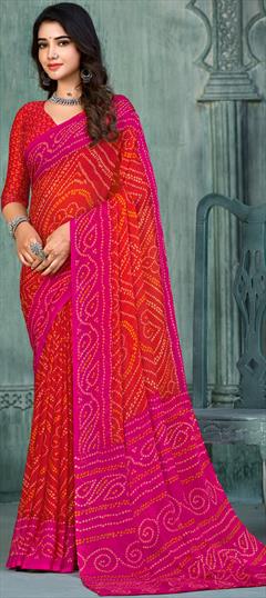 Festive, Reception Orange, Pink and Majenta color Saree in Chiffon fabric with Classic, Rajasthani Bandhej, Printed work : 1901599