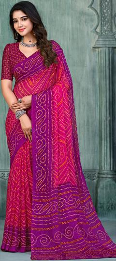 Festive, Reception Pink and Majenta, Purple and Violet color Saree in Chiffon fabric with Classic, Rajasthani Bandhej, Printed work : 1901602
