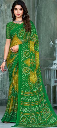 Festive, Reception Green color Saree in Chiffon fabric with Classic, Rajasthani Bandhej, Printed work : 1901604