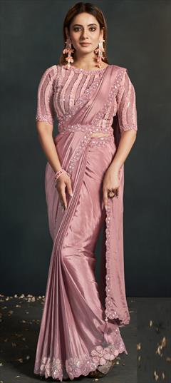 Festive, Reception, Wedding Pink and Majenta color Readymade Saree in Georgette fabric with Classic Embroidered, Sequence, Stone, Thread work : 1901707