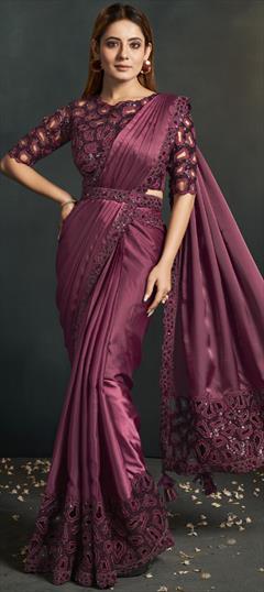 Festive, Reception, Wedding Red and Maroon color Readymade Saree in Satin Silk fabric with Classic, South Embroidered, Sequence, Thread work : 1901716