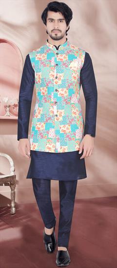 Party Wear Blue color Kurta Pyjama with Jacket in Art Silk fabric with Digital Print, Floral work : 1901899