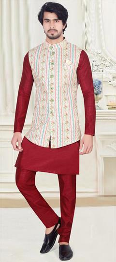 Party Wear Red and Maroon color Kurta Pyjama with Jacket in Art Silk fabric with Floral, Printed, Sequence, Thread work : 1901903