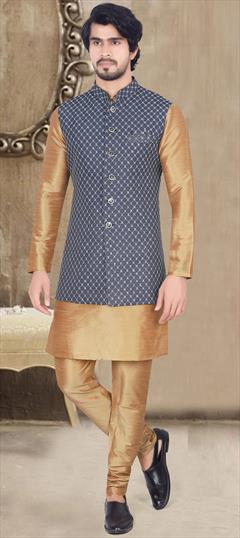 Party Wear Beige and Brown color Kurta Pyjama with Jacket in Art Silk fabric with Thread work : 1901904