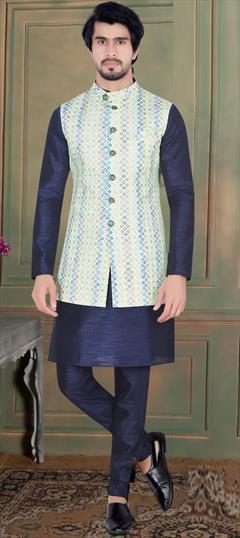 Party Wear Blue color Kurta Pyjama with Jacket in Art Silk fabric with Printed work : 1901907