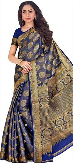 Bridal, Reception, Wedding Blue color Saree in Kanjeevaram Silk fabric with South Embroidered, Thread, Weaving work : 1901961