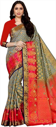 Bridal, Reception, Wedding Black and Grey color Saree in Kanjeevaram Silk fabric with South Embroidered, Thread, Weaving work : 1901965