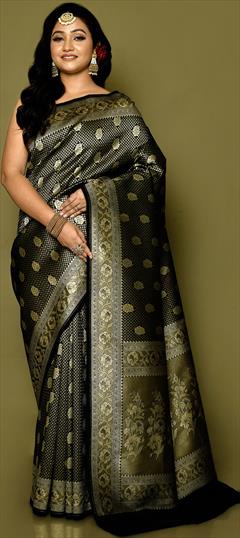 Bridal, Traditional, Wedding Black and Grey color Saree in Banarasi Silk, Silk fabric with South Weaving, Zari work : 1902025