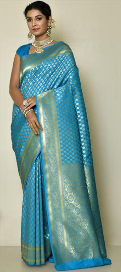 Bridal, Traditional, Wedding Blue color Saree in Banarasi Silk, Silk fabric with South Weaving, Zari work : 1902027