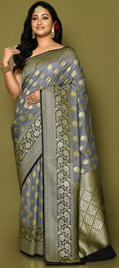 Bridal, Traditional, Wedding Black and Grey color Saree in Banarasi Silk, Silk fabric with South Weaving, Zari work : 1902032