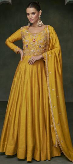 Engagement, Reception, Wedding Yellow color Gown in Silk fabric with Embroidered, Sequence, Thread, Zari work : 1902121