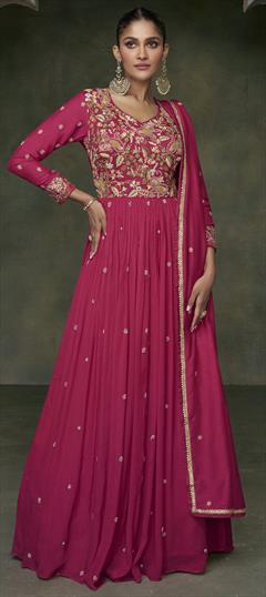 Engagement, Reception, Wedding Pink and Majenta color Gown in Silk fabric with Embroidered, Sequence, Thread, Zari work : 1902122