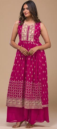 Festive, Party Wear, Reception Pink and Majenta color Salwar Kameez in Georgette fabric with A Line, Palazzo Embroidered, Resham, Sequence, Thread work : 1902123