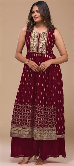Festive, Party Wear, Reception Red and Maroon color Salwar Kameez in Georgette fabric with A Line, Palazzo Embroidered, Resham, Sequence, Thread work : 1902125