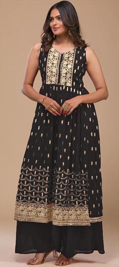 Festive, Party Wear, Reception Black and Grey color Salwar Kameez in Georgette fabric with A Line, Palazzo Embroidered, Resham, Sequence, Thread work : 1902128