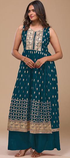Festive, Party Wear, Reception Blue color Salwar Kameez in Georgette fabric with A Line, Palazzo Embroidered, Resham, Sequence, Thread work : 1902133