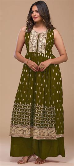 Festive, Party Wear, Reception Green color Salwar Kameez in Georgette fabric with A Line, Palazzo Embroidered, Resham, Sequence, Thread work : 1902136