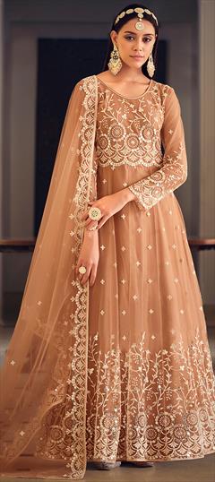Engagement, Festive, Reception Beige and Brown color Salwar Kameez in Net fabric with Anarkali Embroidered, Sequence, Thread work : 1902142