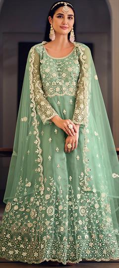 Engagement, Festive, Reception Green color Salwar Kameez in Net fabric with Anarkali Embroidered, Sequence, Thread work : 1902144