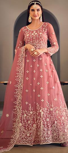 Engagement, Festive, Reception Pink and Majenta color Salwar Kameez in Net fabric with Anarkali Embroidered, Sequence, Thread work : 1902146