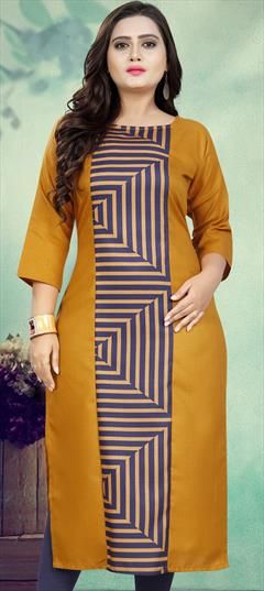 Casual Yellow color Kurti in Cotton fabric with Long Sleeve, Straight Digital Print work : 1902161