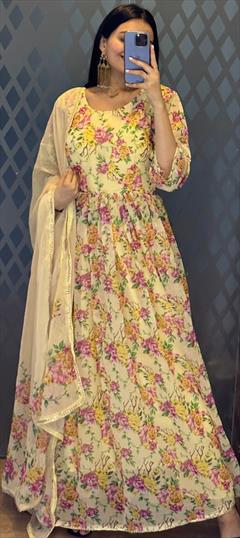 Engagement, Mehendi Sangeet, Reception Yellow color Salwar Kameez in Georgette fabric with Anarkali Digital Print, Floral work : 1902186