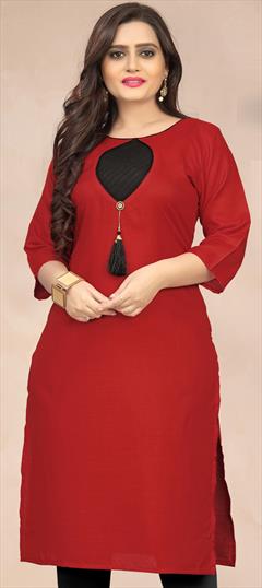 Casual Red and Maroon color Kurti in Cotton fabric with Straight Patch work : 1902196