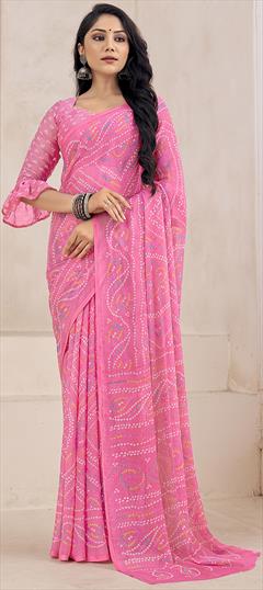 Casual, Festive Pink and Majenta color Saree in Chiffon fabric with Classic Bandhej, Printed work : 1902201