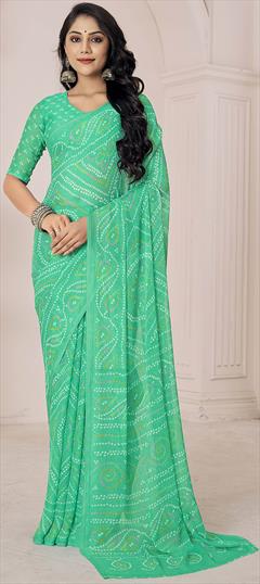Casual, Festive Green color Saree in Chiffon fabric with Classic Bandhej, Printed work : 1902202