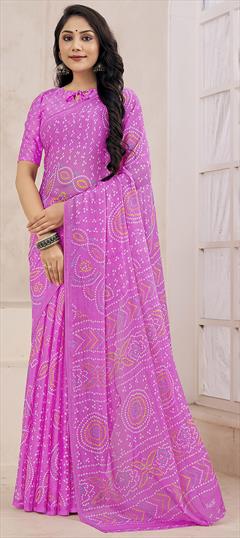 Casual, Festive Pink and Majenta color Saree in Chiffon fabric with Classic Bandhej, Printed work : 1902203
