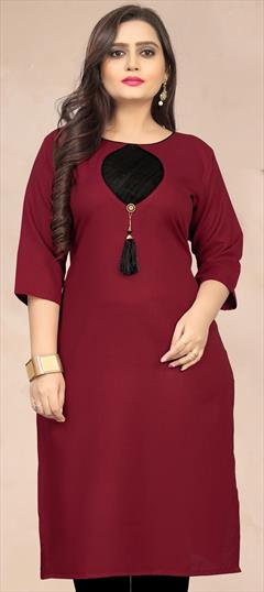 Casual Red and Maroon color Kurti in Cotton fabric with Straight Patch work : 1902208