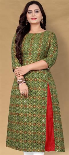 Casual Green color Kurti in Cotton fabric with Long Sleeve, Straight Printed work : 1902230
